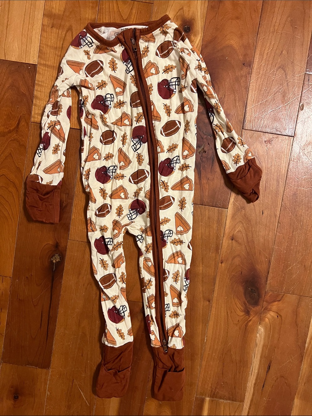 Baby Cream Football-Print Footed One-Piece Pajama with Brown Trim